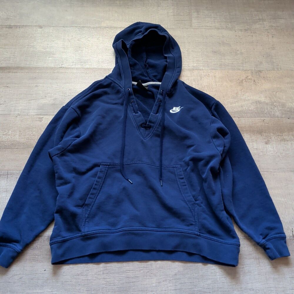 Nike Lace Up V Neck Swoosh Spellout Logo Hoodie Size M Blue